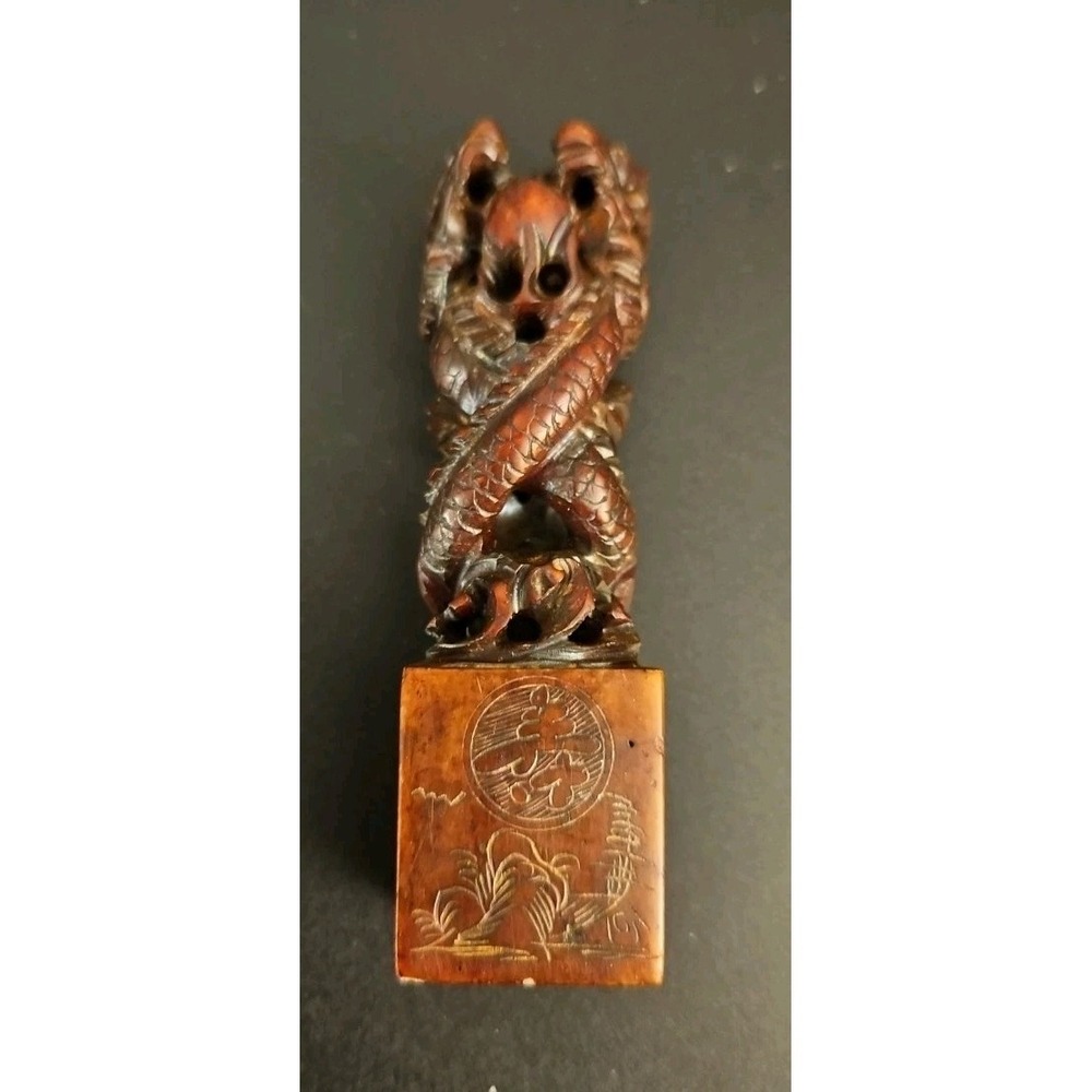 Vintage 1970s Carved Chinese Double Dragon Soap Stone Seal Stamp